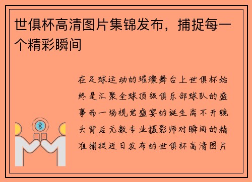 世俱杯高清图片集锦发布，捕捉每一个精彩瞬间